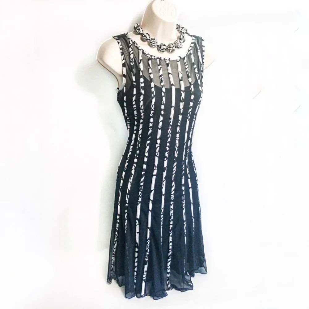 Sandra Darren Black & White Striped Mesh Overlay A-Line Dress Sz 4P